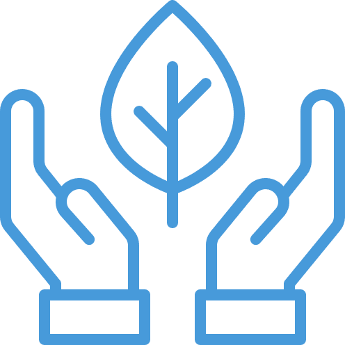 icone bleu clair de deux mains avec une feuille d'arbre au-dessus